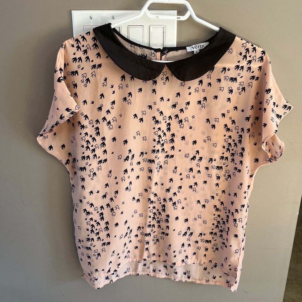 Peter Pan collar Blush Pink Peach Blouse Top Birds print